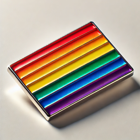 LGBTQ+ pride flag metal pin with vibrant rainbow colors and a polished metallic finish, representing support for equality and inclusion