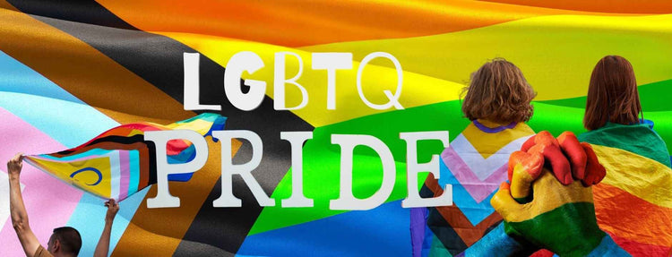 Colorful LGBTQ+ pride banner featuring the Progress Pride Flag and rainbow flag with bold text reading 'LGBTQ Pride.' The image shows diverse individuals holding pride flags, emphasizing inclusion and unity within the LGBTQ+ community.